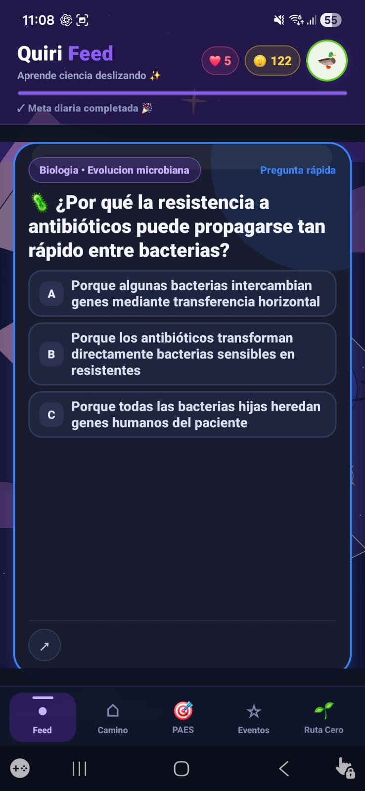 Pantalla de Quiri Feed con una pregunta de biología sobre resistencia a antibióticos